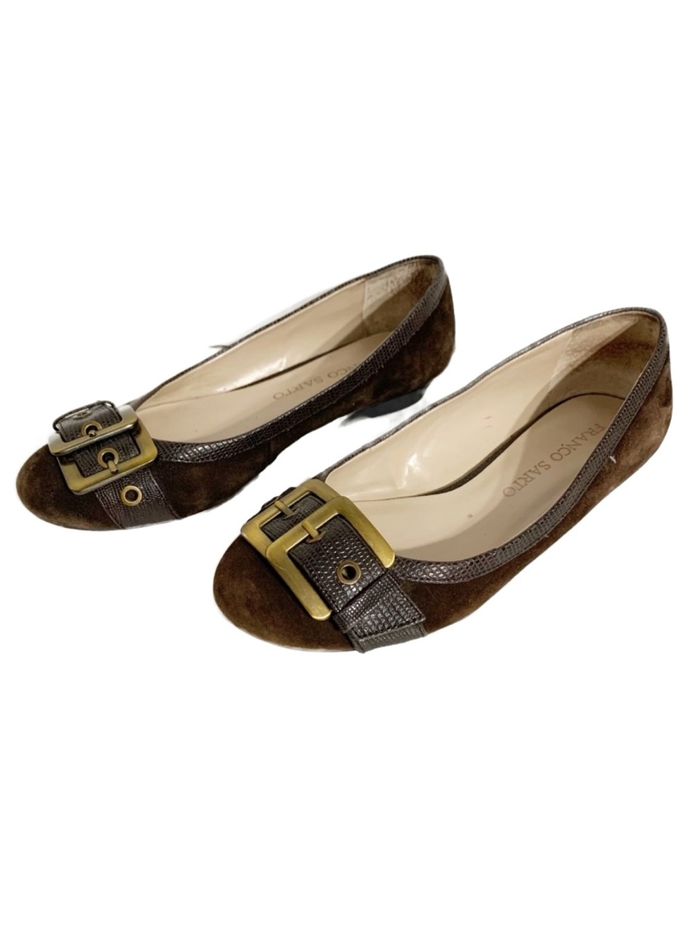 Franco Sarto Chocolate Brown Suede Leather Alligator Print Buckle Ballet Flats